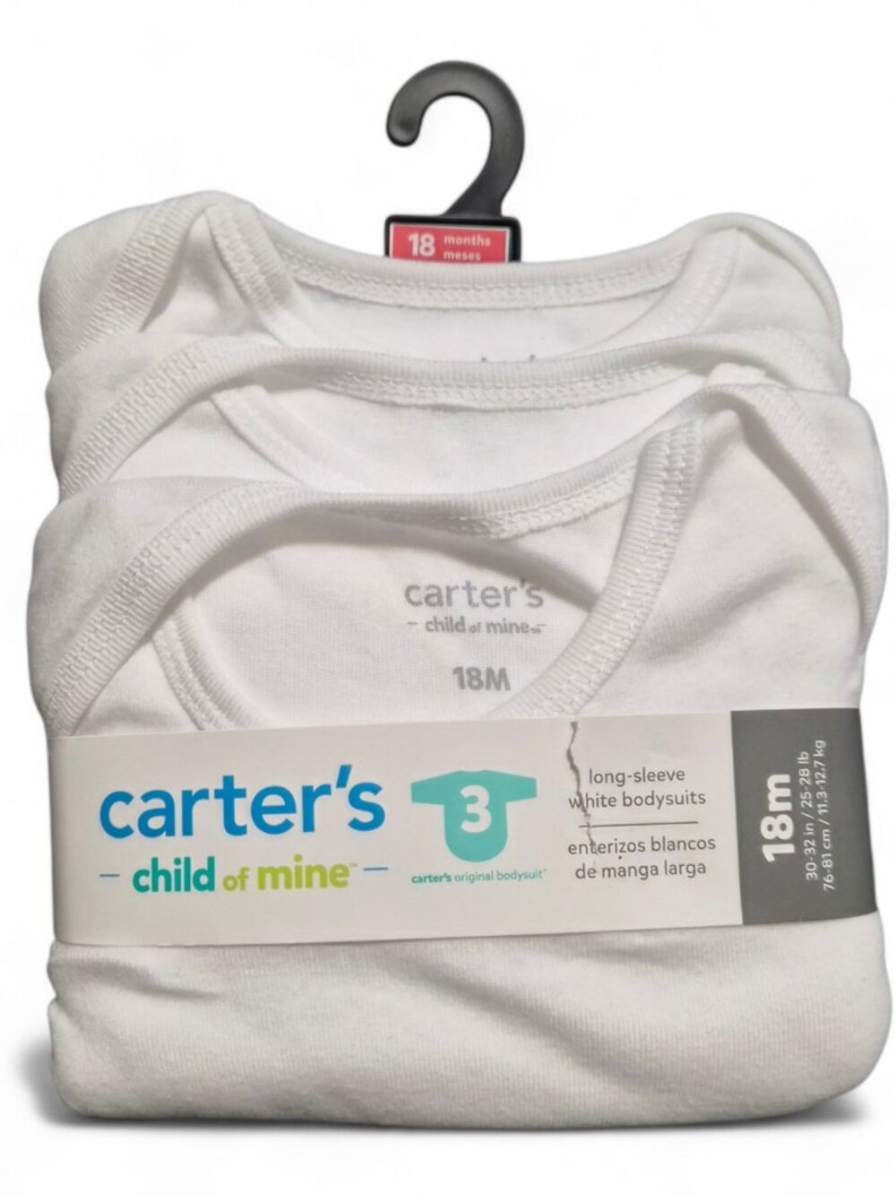 NWT 3-Pack Carter's Child of Mine Baby Size 18M Long Sleeve White Bodysuit